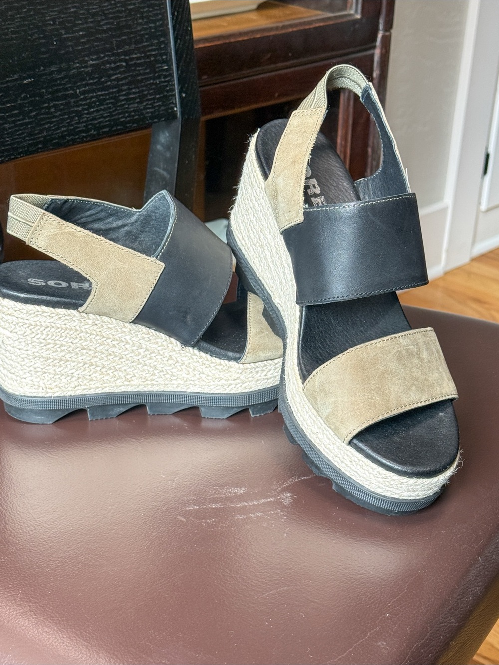 Sorel Joanie II Slingback Jute Wedge Sandals Black Tan Leather Size 10.5